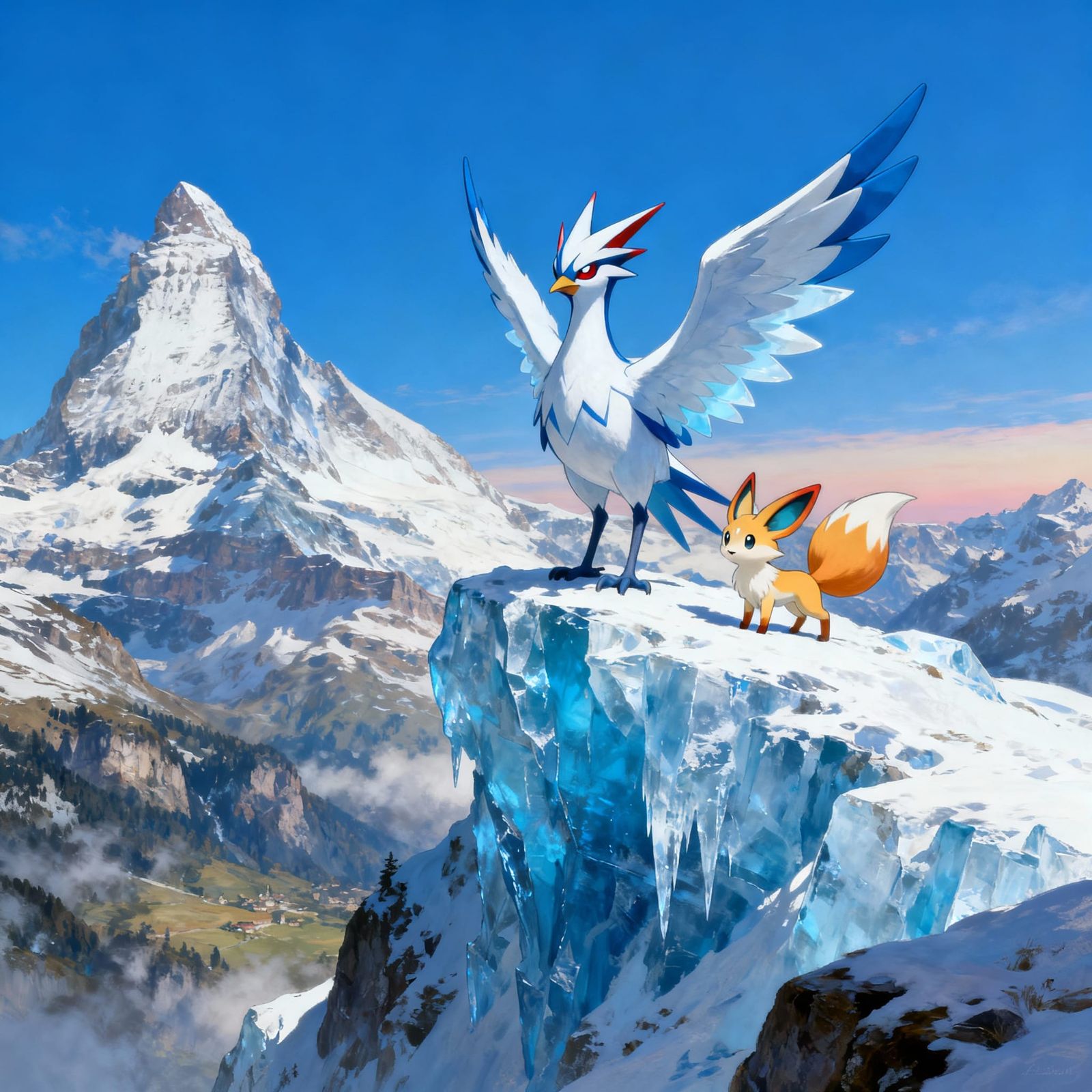 Majestic Swiss Alps with Articuno and Vulpix