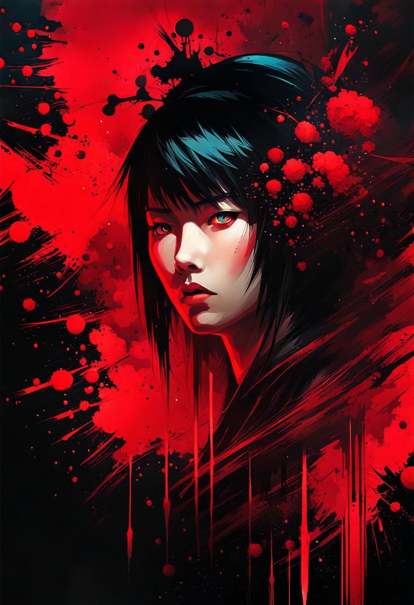 Abstract Cyberpunk Street Scene with Blood Splatter