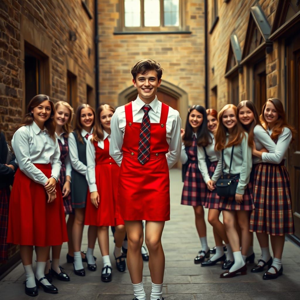 Young Man Strikes a Pose in Vintage Female School Uniform