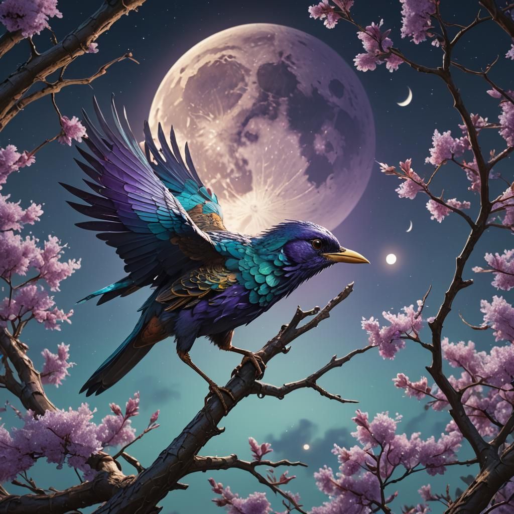 Bird Under Moon: Hyperdetailed Splash Art