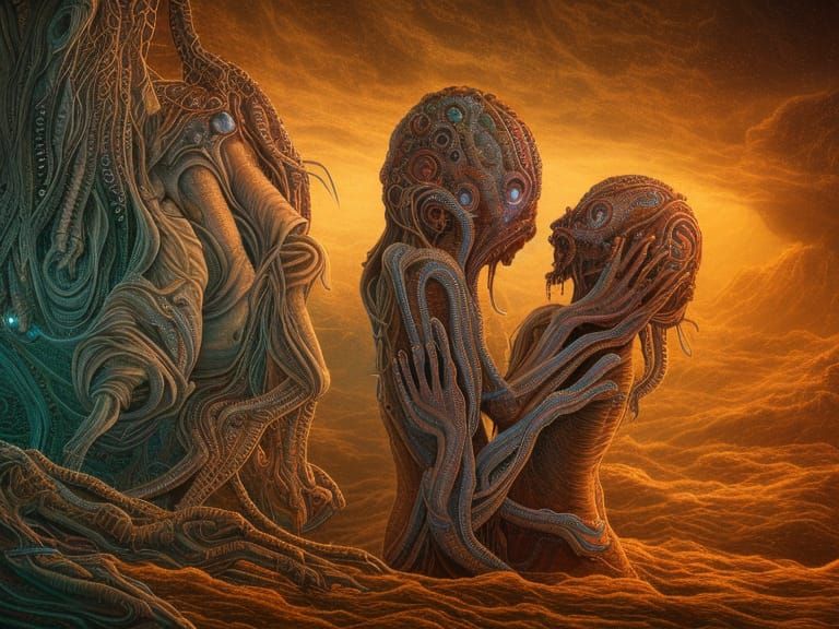 Extraterrestrial Couple's Ritual in a Haunting Landscape
