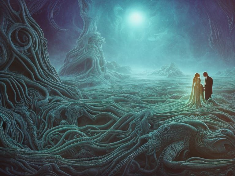 Extraterrestrial Couple's Ritual Embrace in Ethereal Landsca...