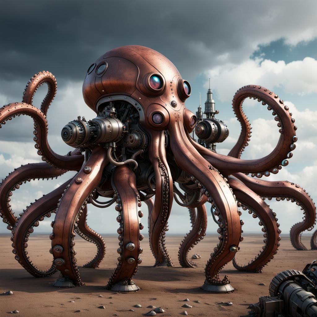 Giant Steampunk Octopus Robot on Battlefield