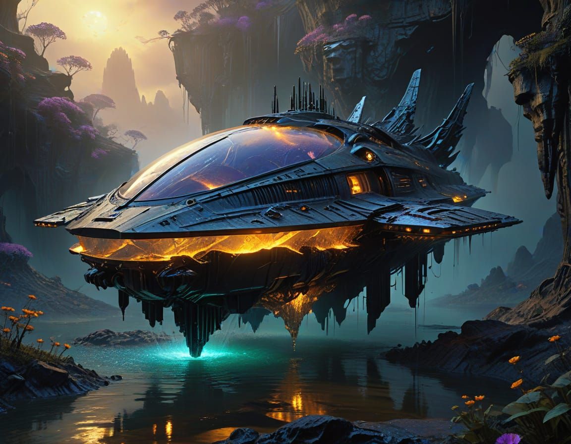 Biomechanical Spaceship Blooms from Obsidian Island in Surre...