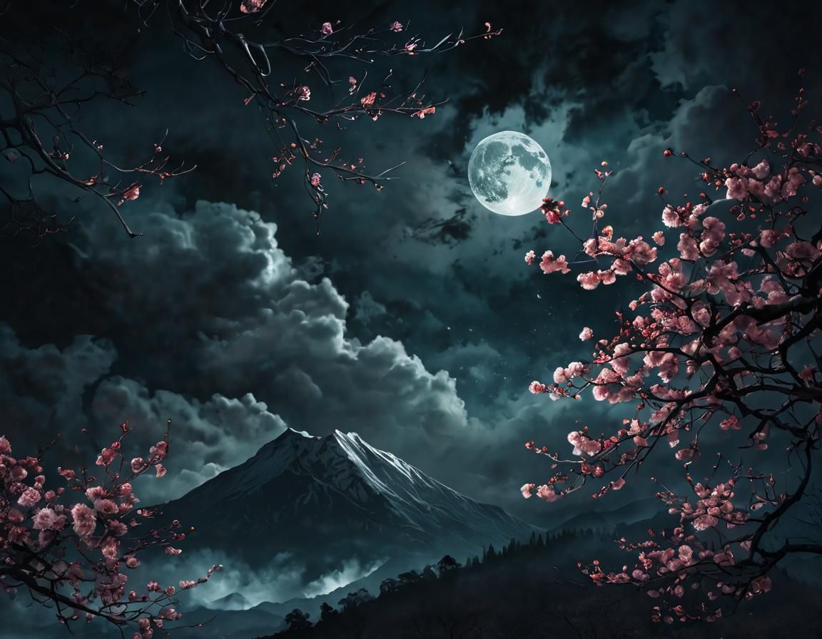 Double Exposure: Cherry Tree and Nebula Moonrise