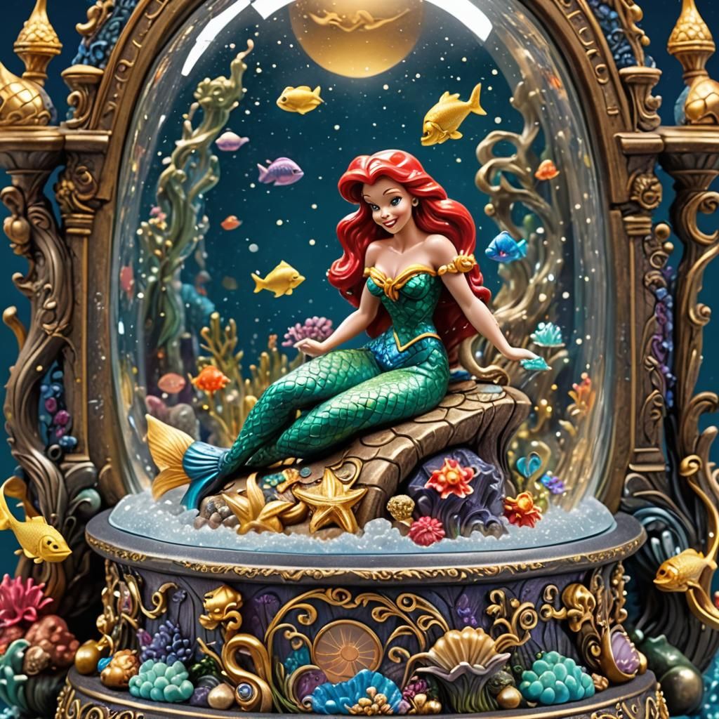 The Little Mermaid Disney snowglobe, encrusted with gold, vibrant colours, magical