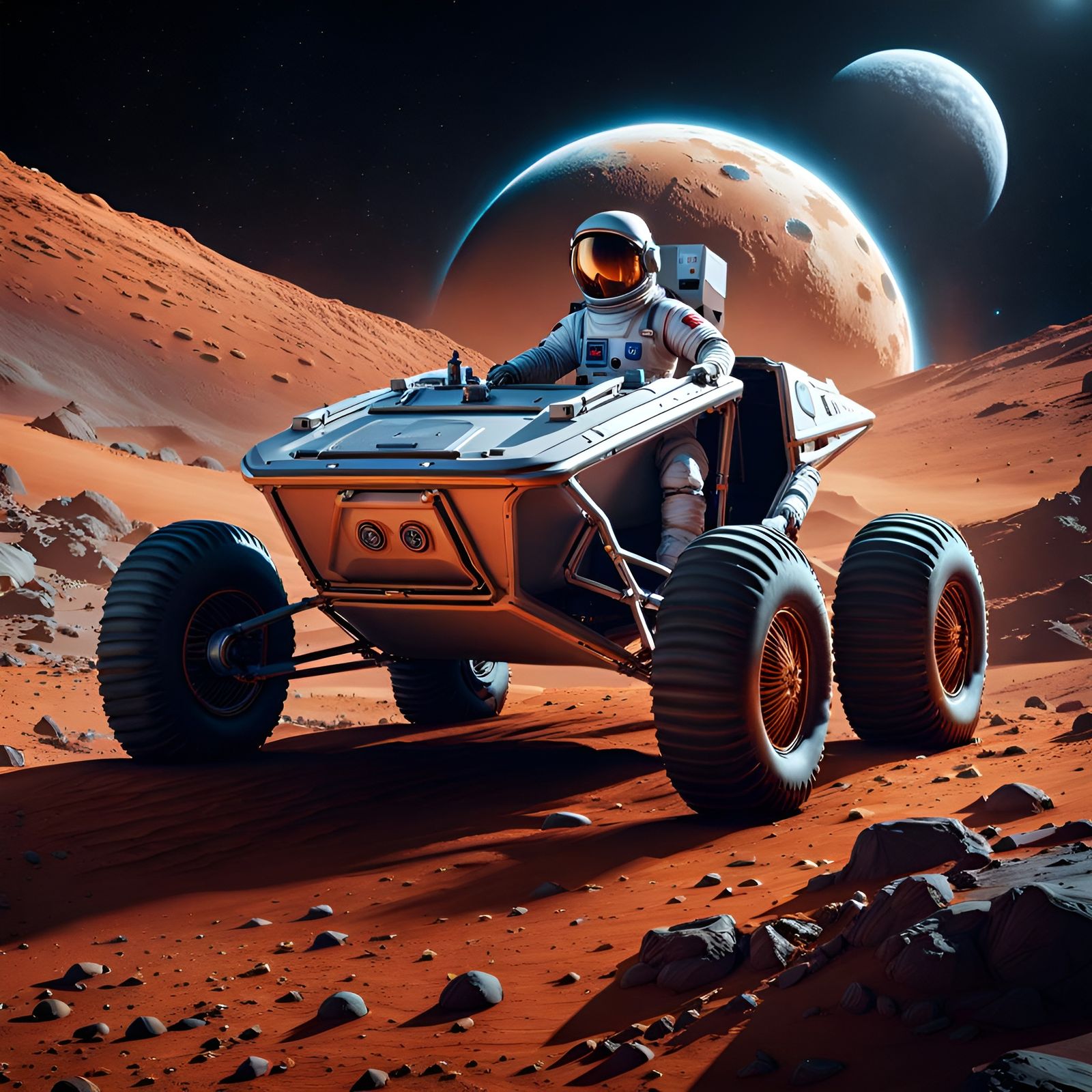 Astronaut Drives Lunar Buggy on Mars: Detailed Matte Paintin...
