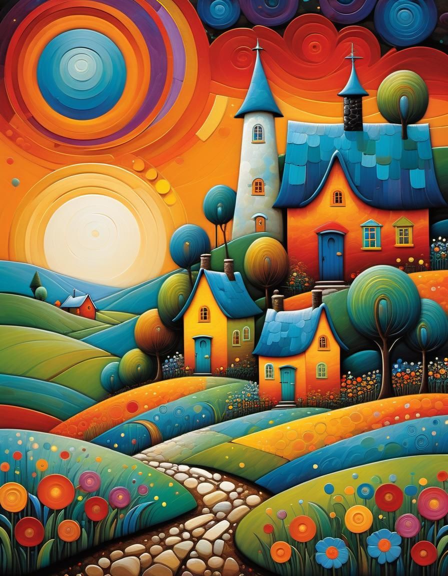 Whimsical Cottages in Colorful Folk Art Landscape