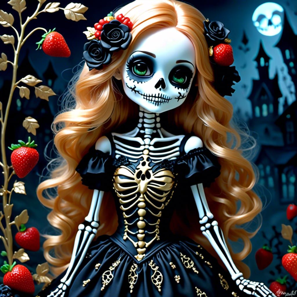 Skeletal Girl with Roses in a Scary Setting
