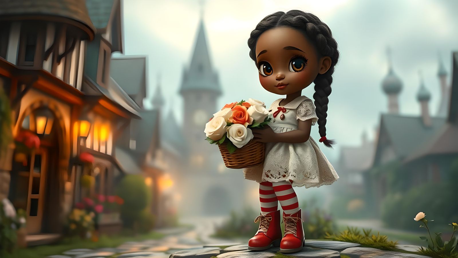Whimsical Girl with Roses in Magical Village