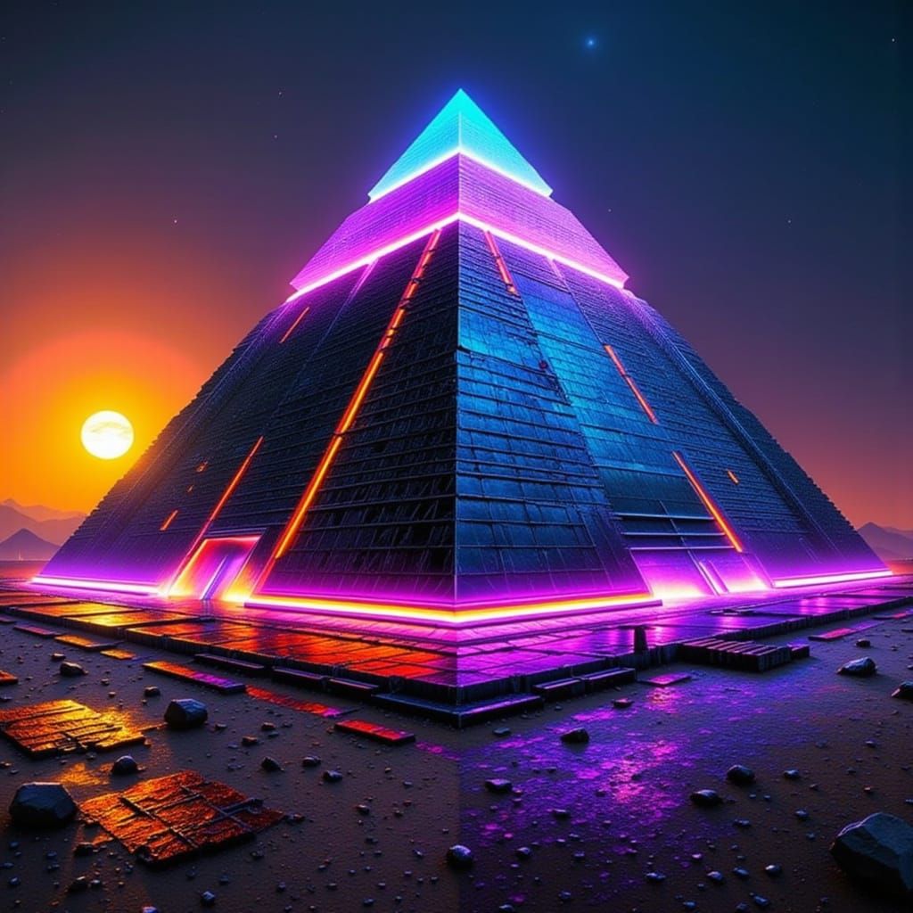 Futuristic Giza Pyramid at Sunset with Neon Lights