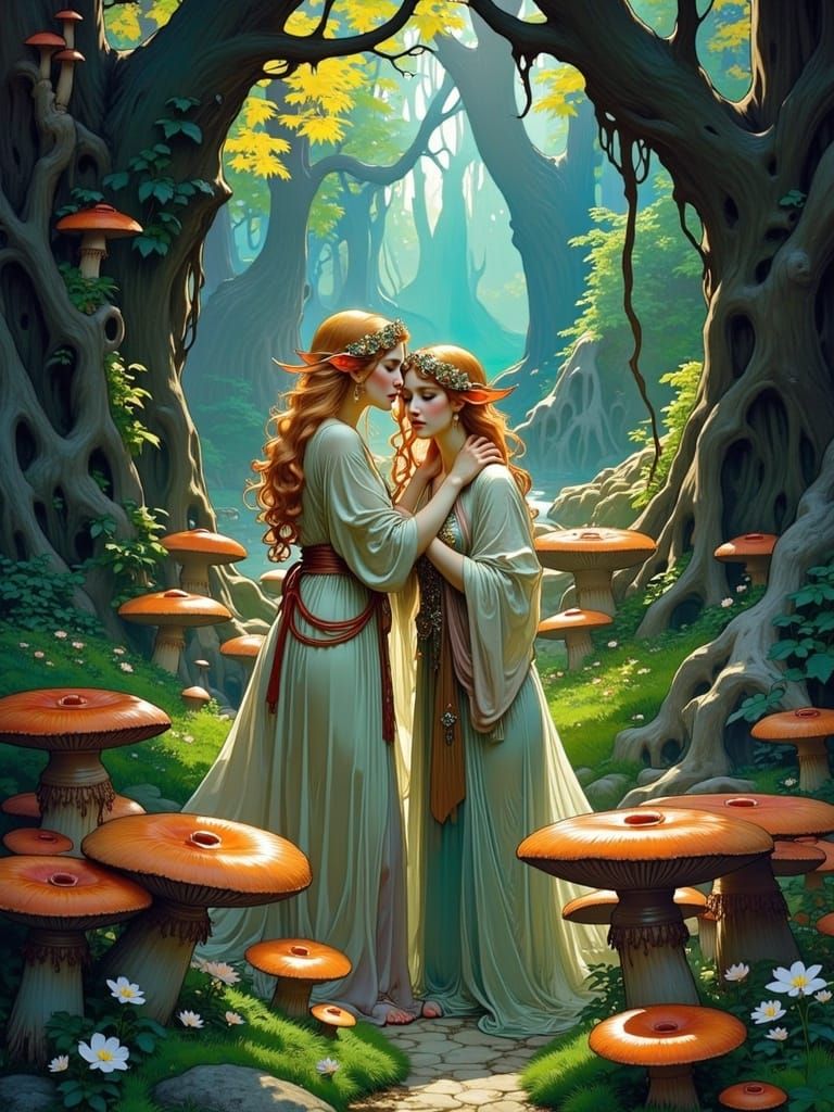 Ethereal Elf Sisters in Mystical Art Nouveau Forest