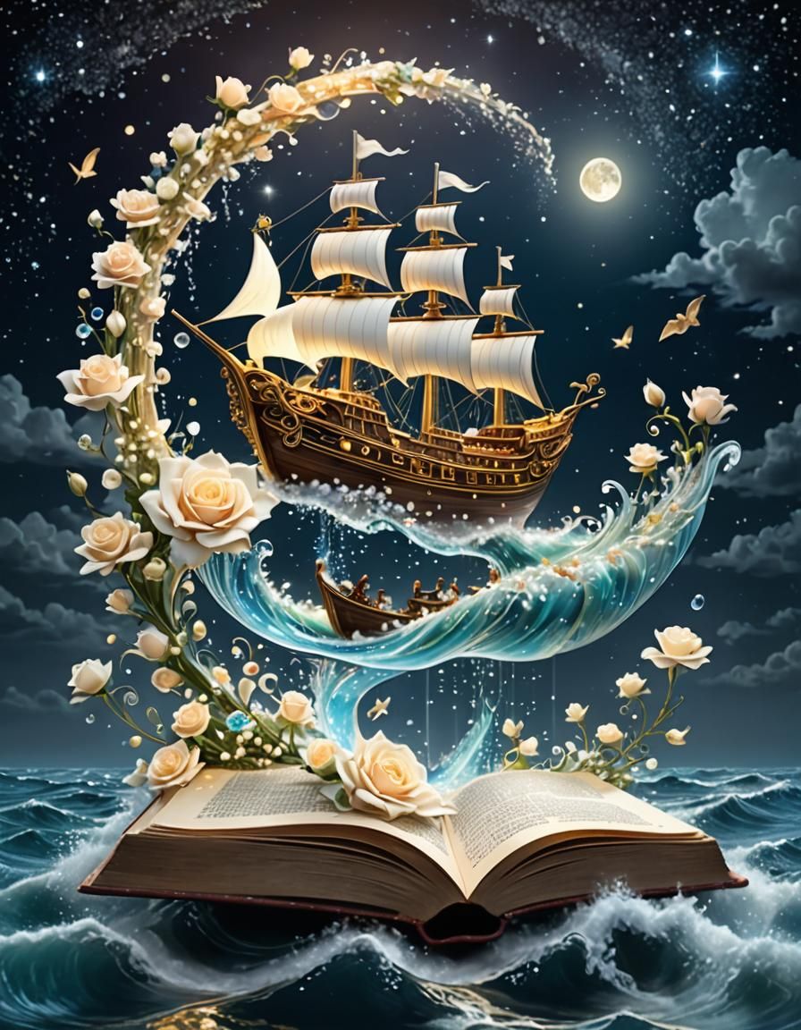 Fairy Royal Ship Rising from Book: 3D Holographic Creation