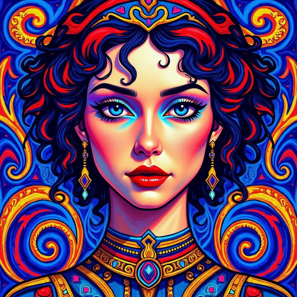 Surreal Mosaic: Woman with Blue Eyes in Digital Art