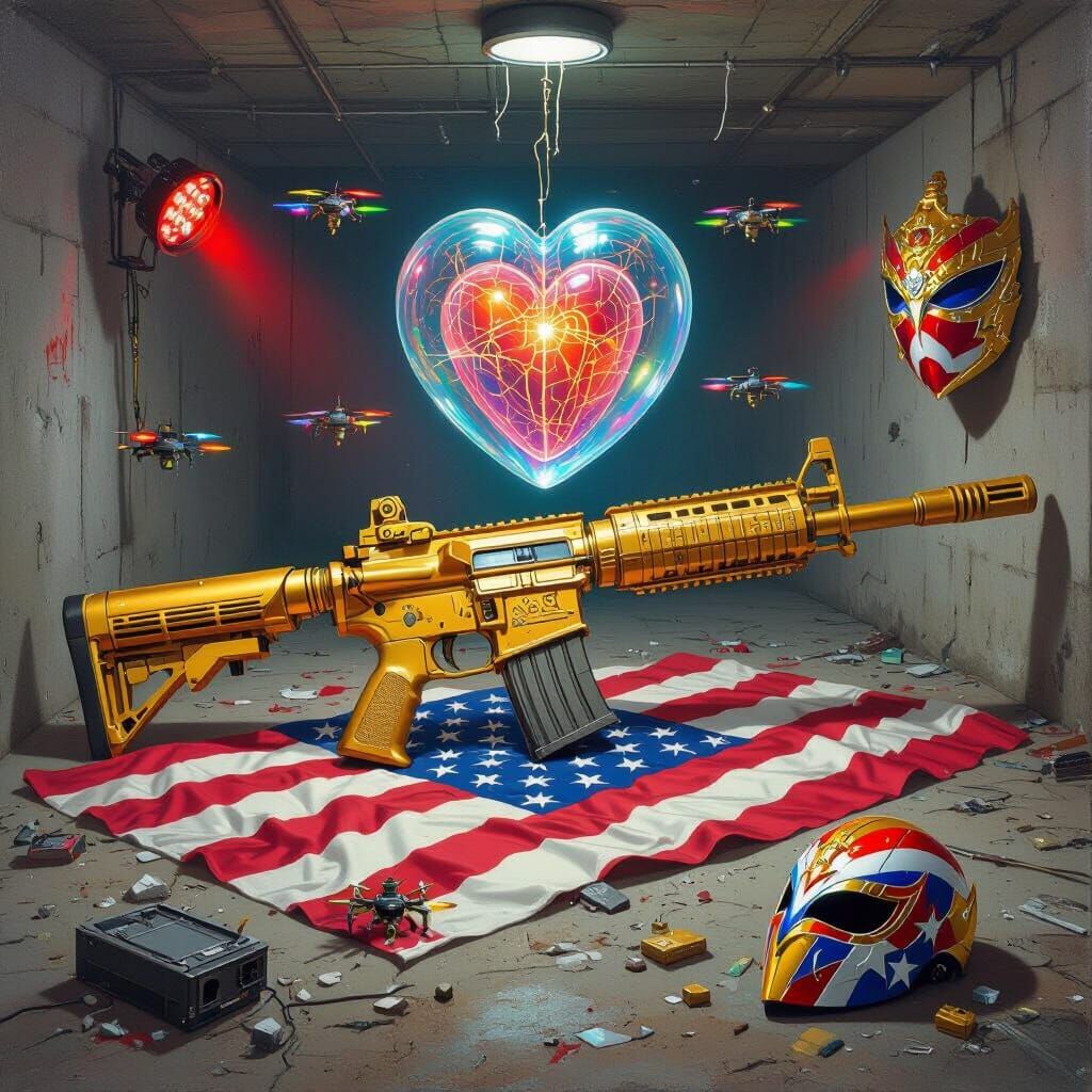 Futuristic Rifle on Flag, Floating Heart, Drones in Basement...