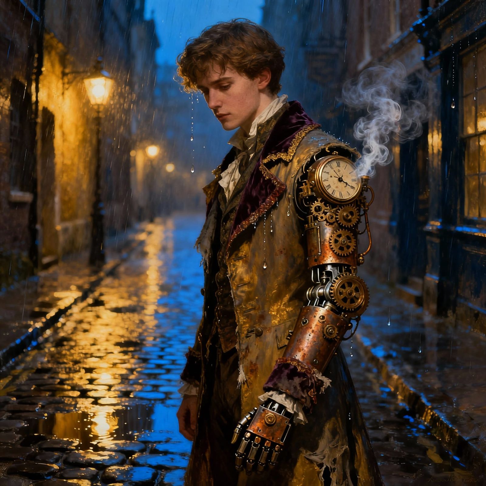 Victorian Clockwork Man in Rainy London Alley