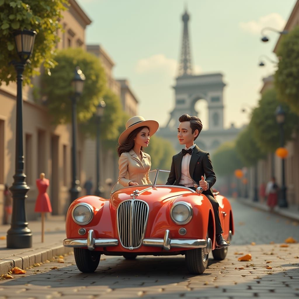Miniature Couple in Paris Rooftop Cinematic Photo