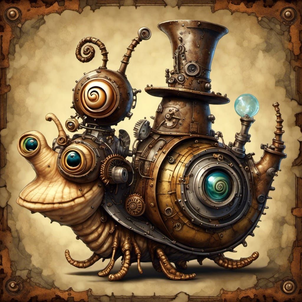 Steampunk Snail and Wizard in Caricature Style