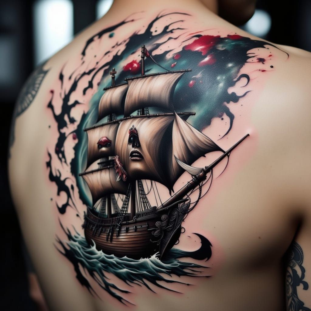 Pirate Ship Ghost Ship Tattoo Design on a Man's Back in 3D S...