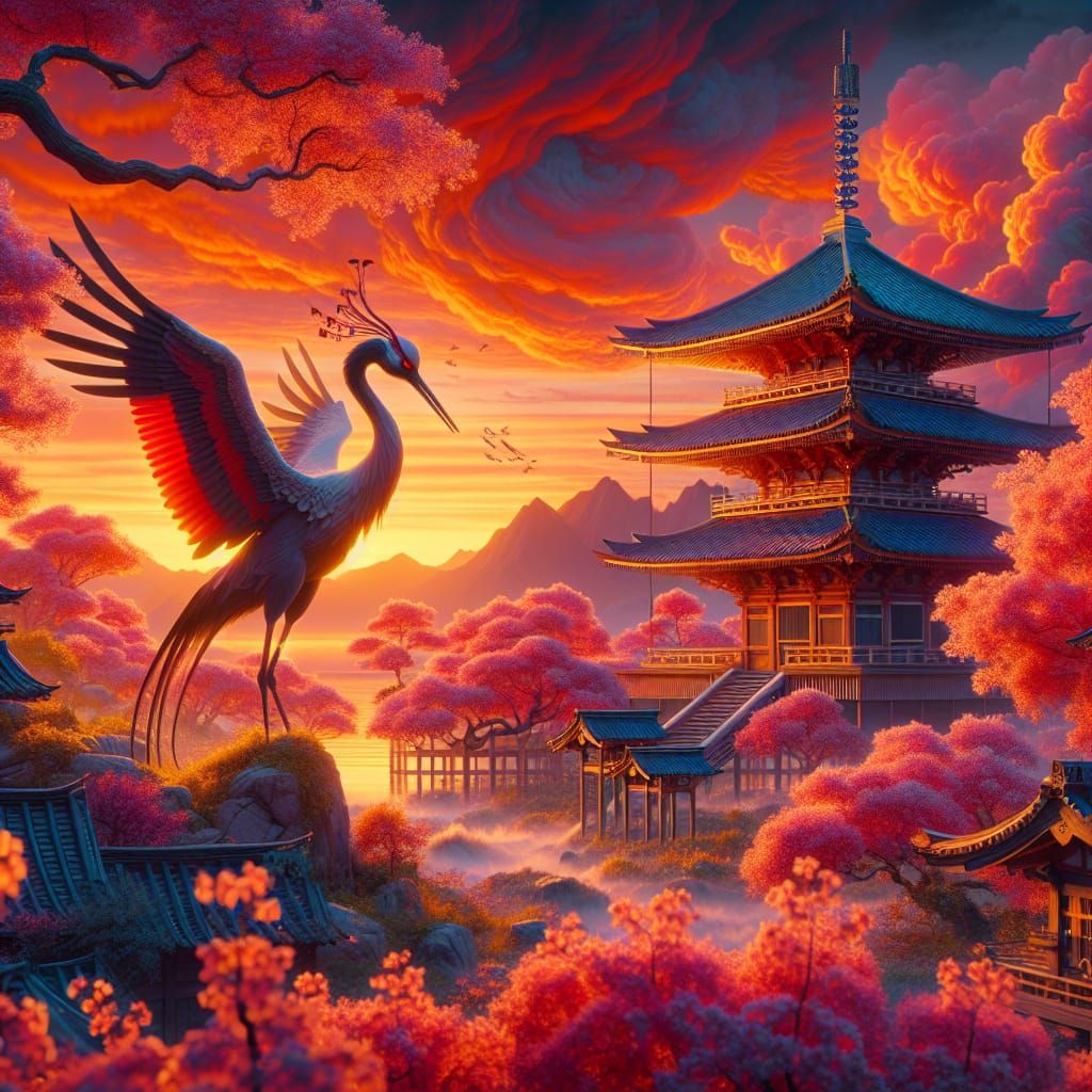 Japanese Crane and Pagoda at Sunset