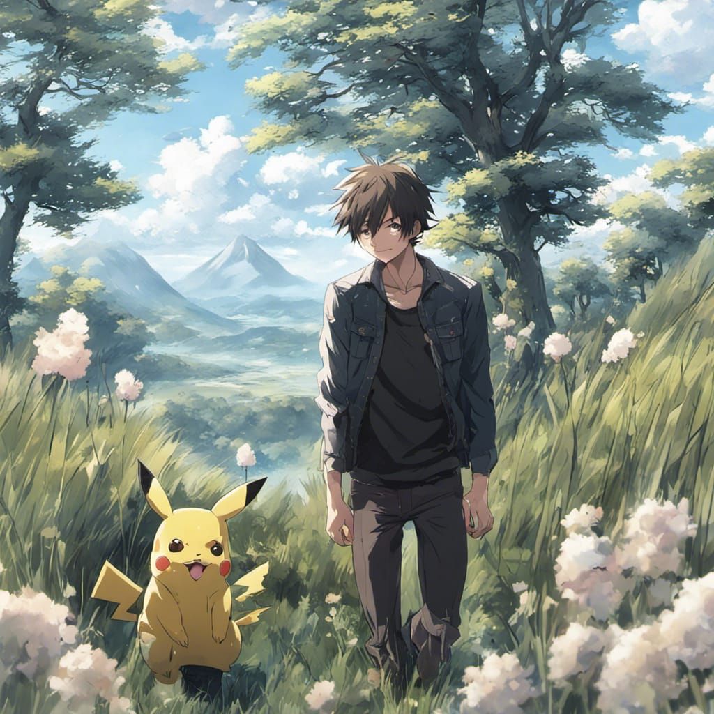 Handsome Anime Character with Pikachu on Grassland