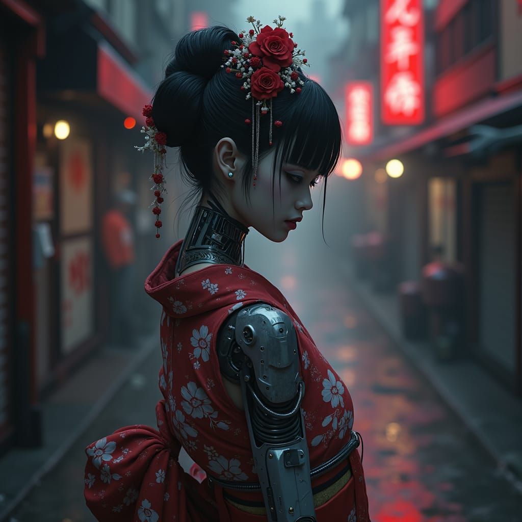 Cyborg Geisha in Neon Alleyway: Dark Manga Style