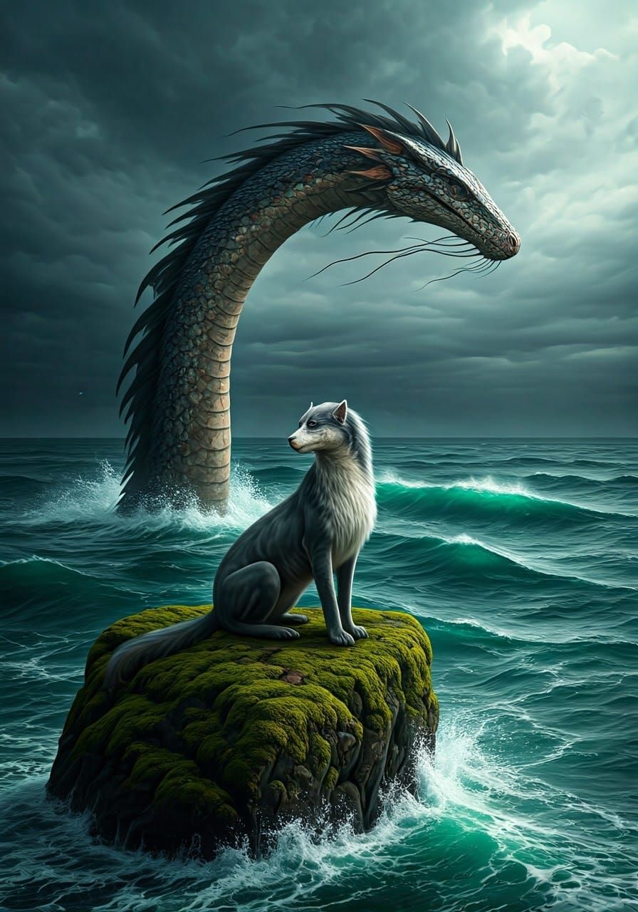 Selkie and Sea Serpent in Dramatic Realist Style