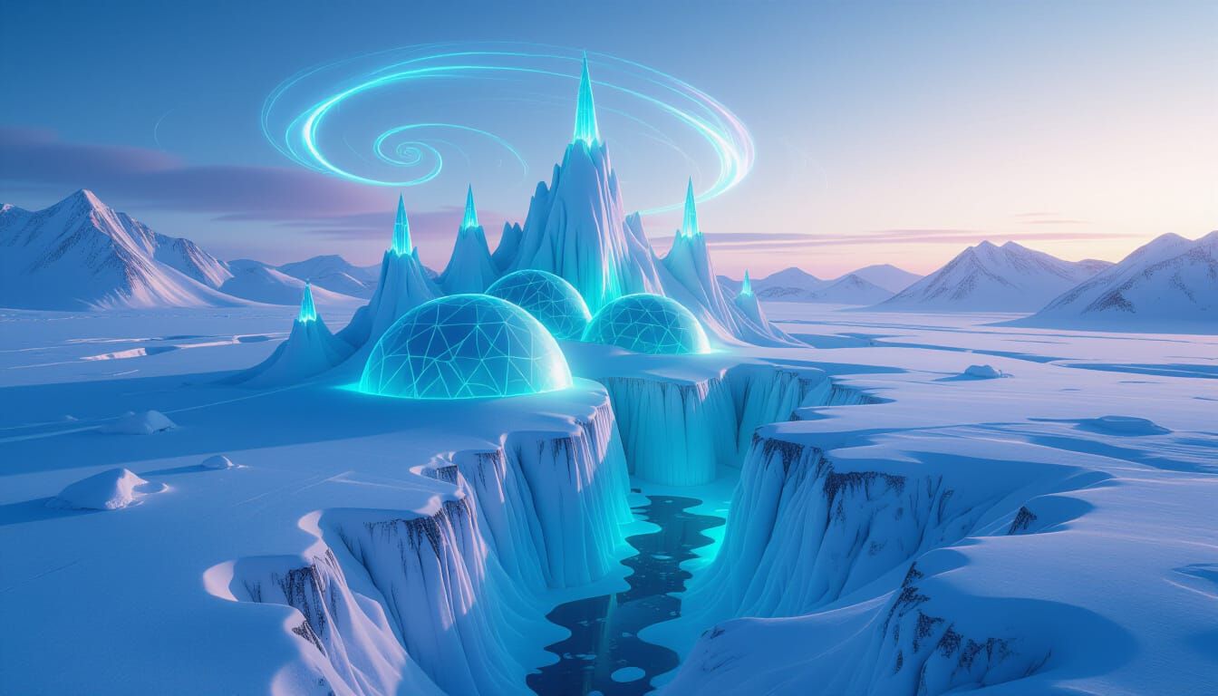 Neon Ice Labyrinth on Polar Glacier