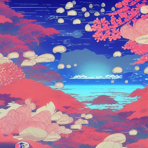 Anime Tapestry with Ocean Scene in Studio Ghibli Style