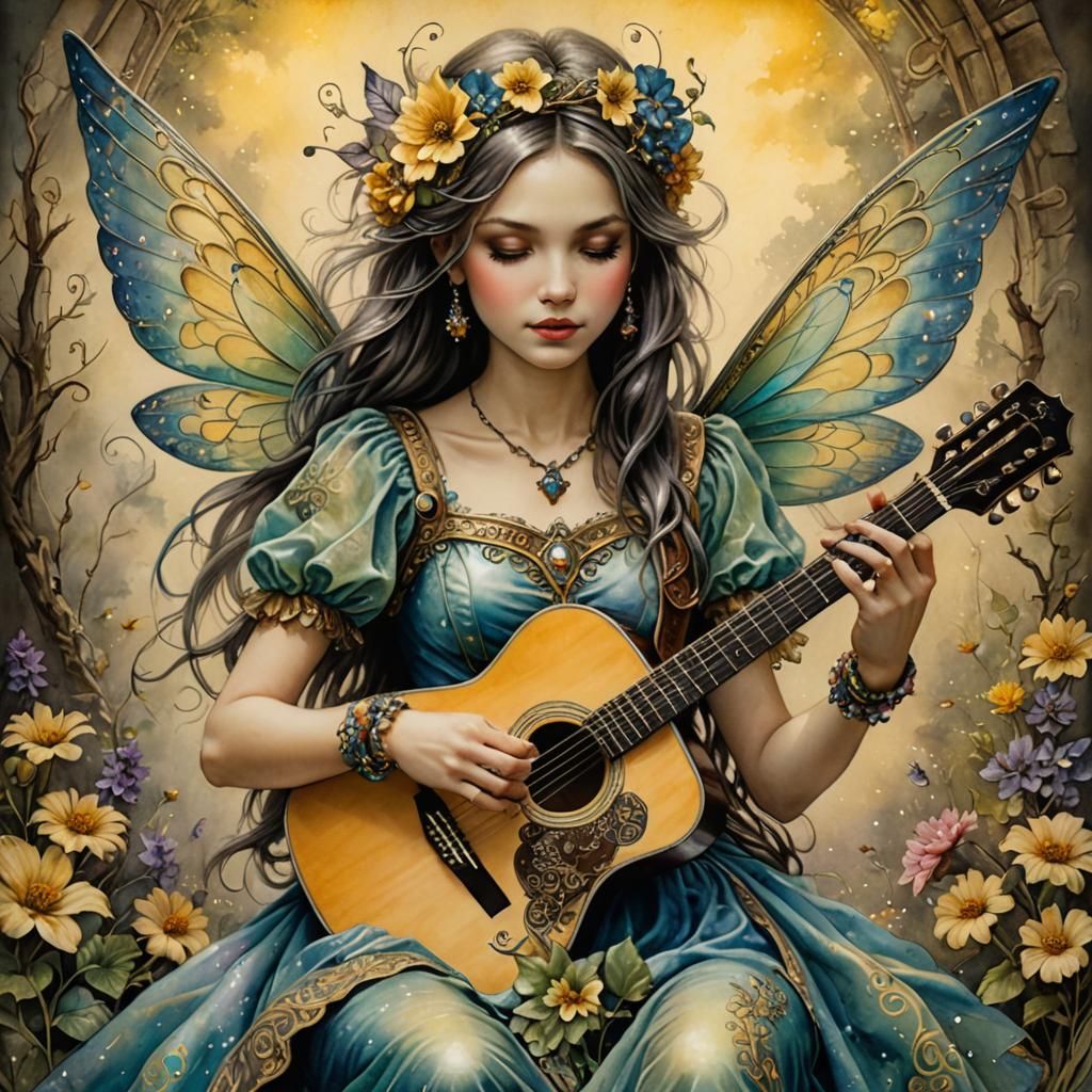 Beautiful Guitar Fairy in Mixed Media Style