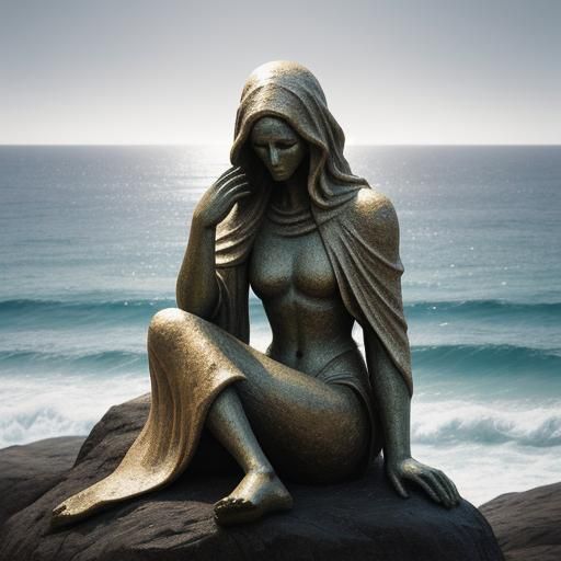 Figurative Sculpture of Woman on Rocky Beach