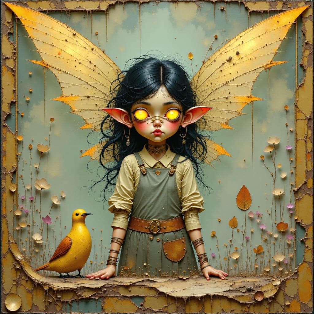 Clockwork Fairy Repairs a Bird, Steampunk Fantasy
