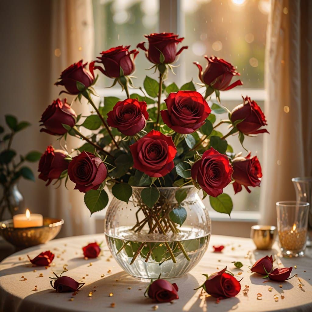 Photorealistic Still Life of Red Roses in Vase