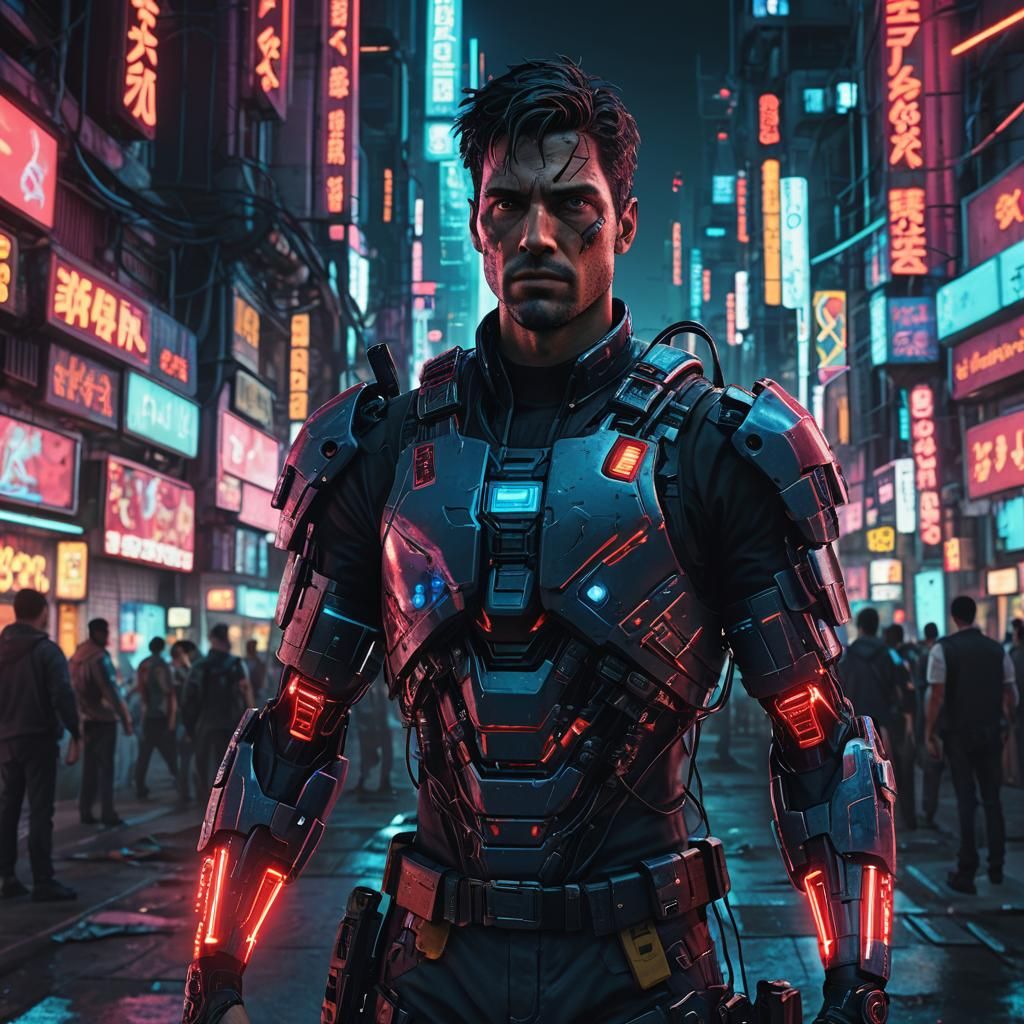 Cybernetic Tommy Vercetti in Dystopian Cityscape
