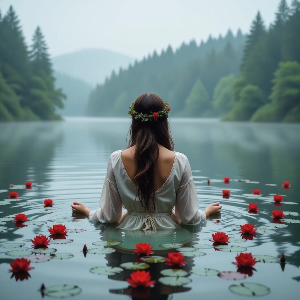 Woman in Lake with Water Lilies and Mist