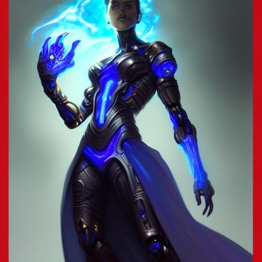 Cybernetic Sorcerer Engulfed in Blue Fire