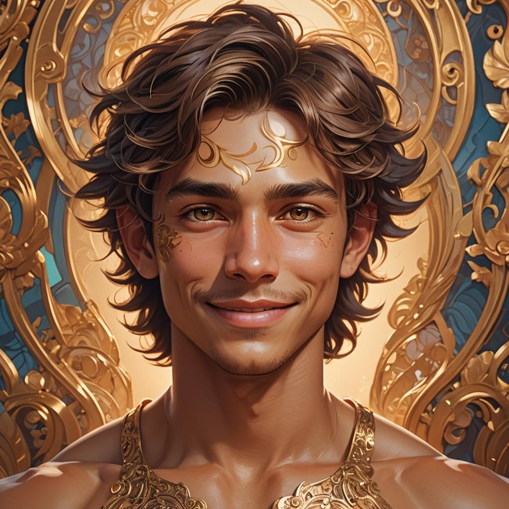 Confident Youth Flexes Toned Physique in Art Nouveau Style