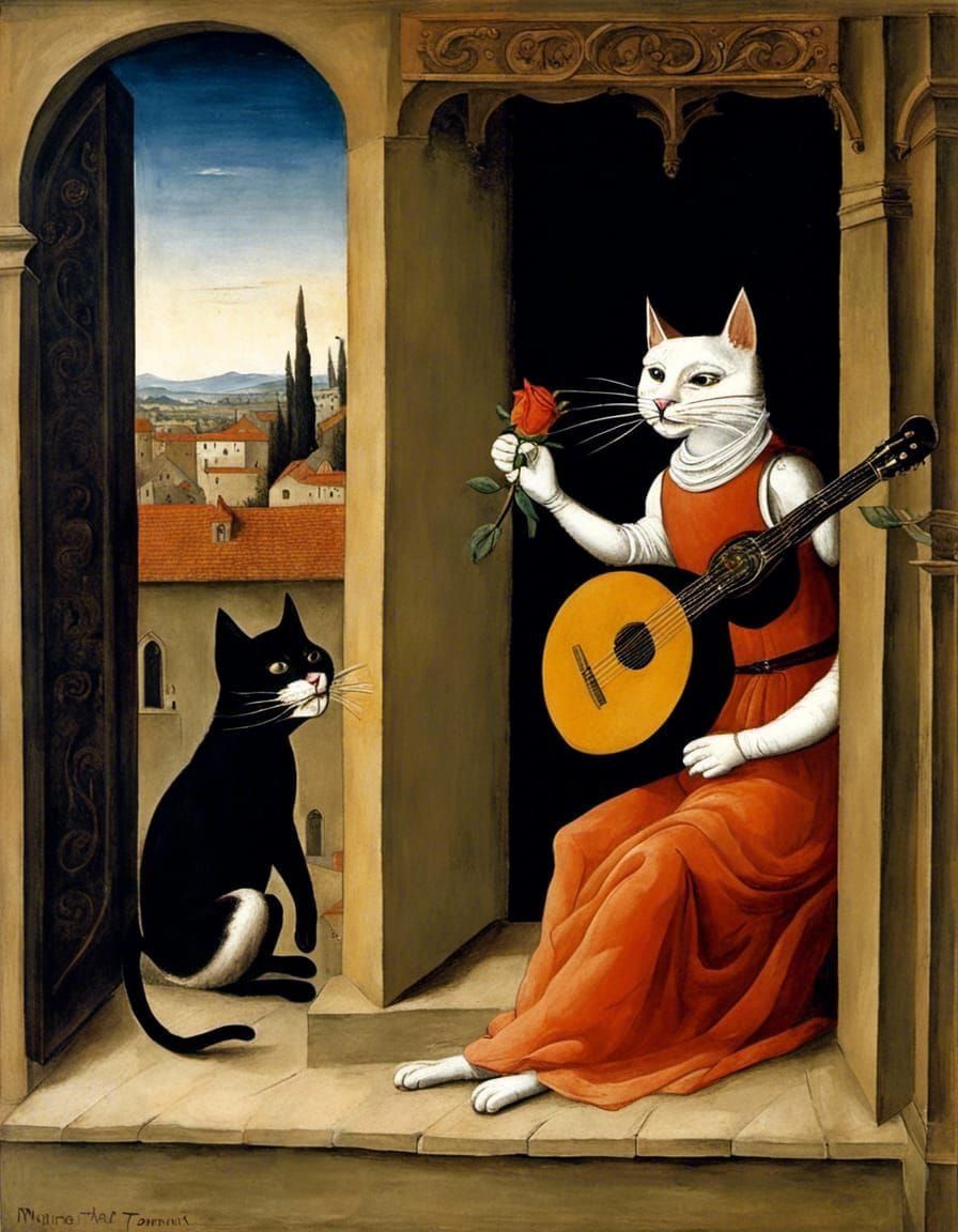 Medieval minstrel cat with rose.