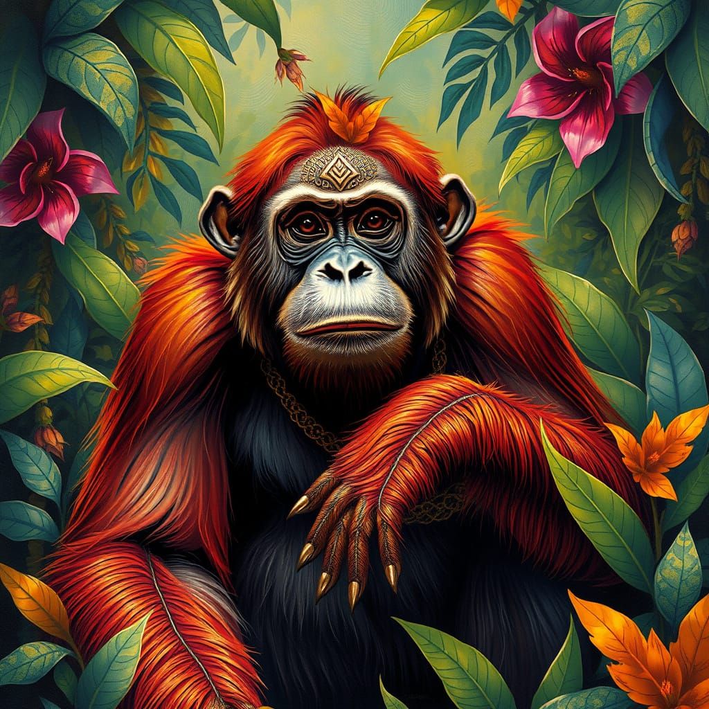 Orangutan Portrait with Tribal Patterns and Gold Accents