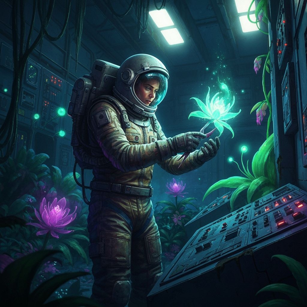 Astronaut Gardener in Derelict Spaceship with Bioluminescent...