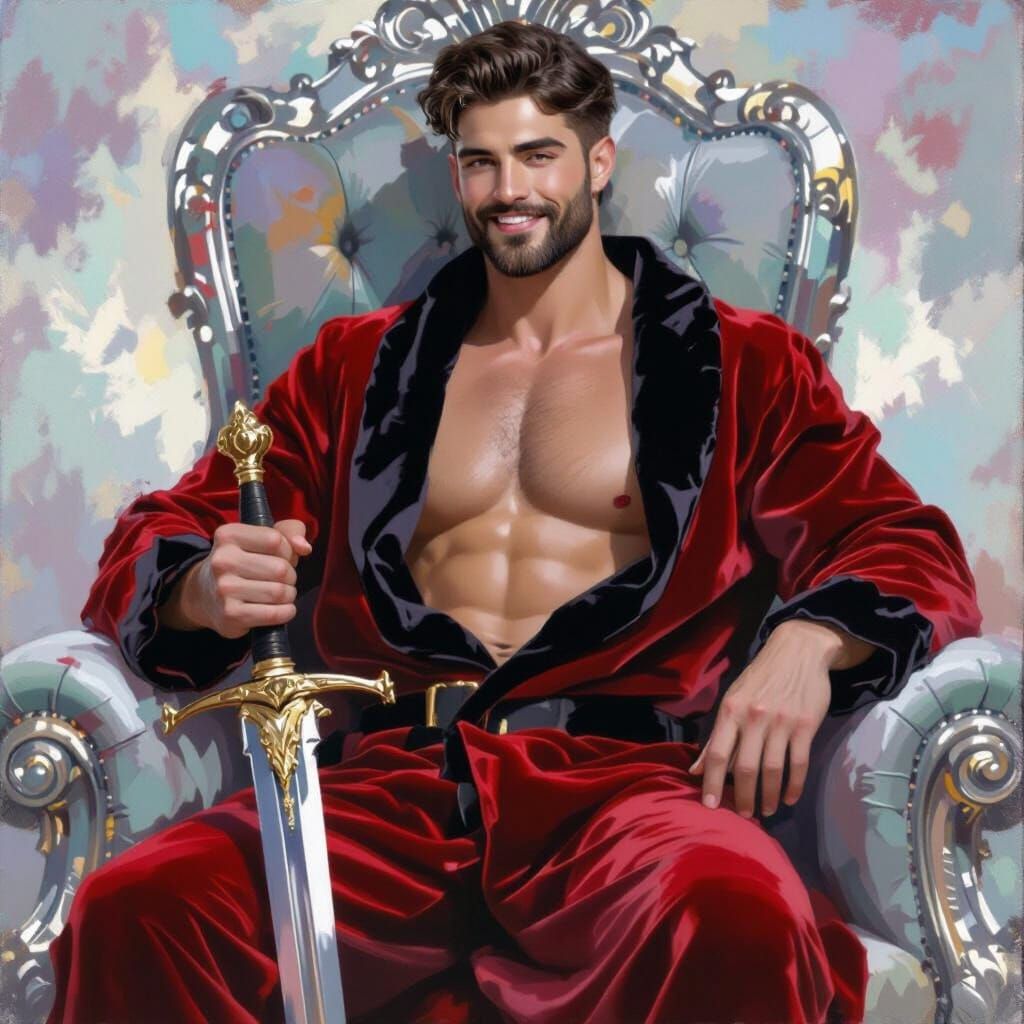 Joyous Prince in Velvet Robe Holding Sword