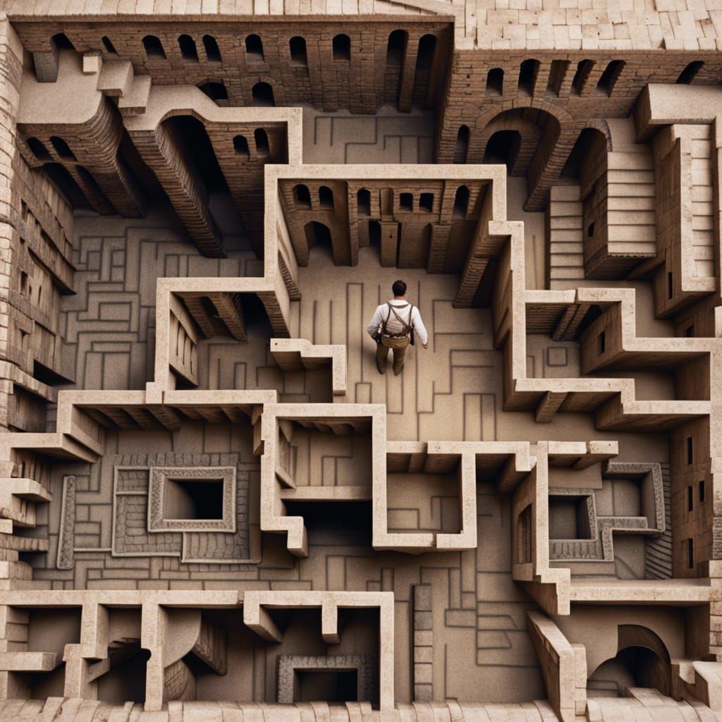 Explorer Lost in Ancient Ruins Maze: Top-Down View