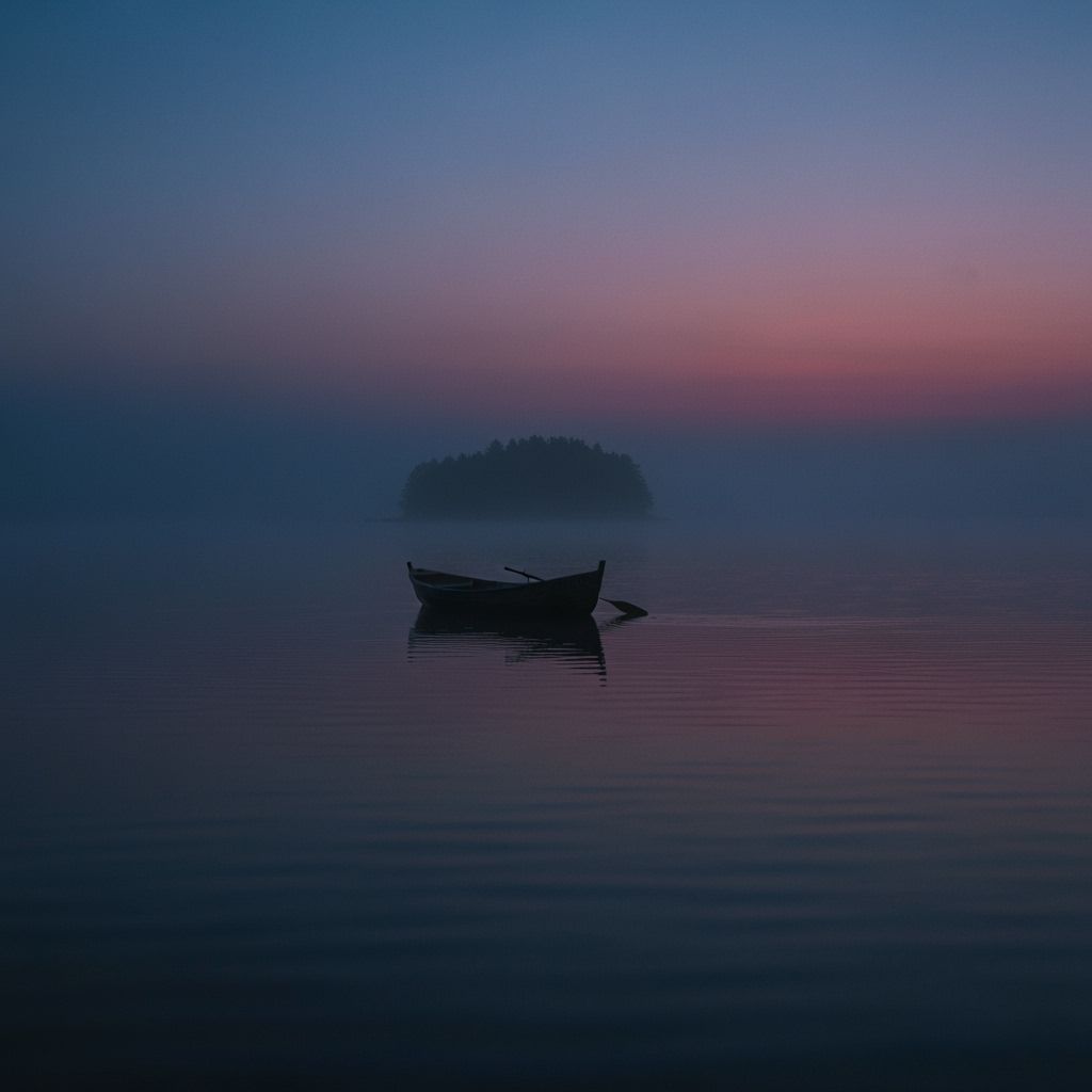 Serene Twilight Lake with Rowboat and Island