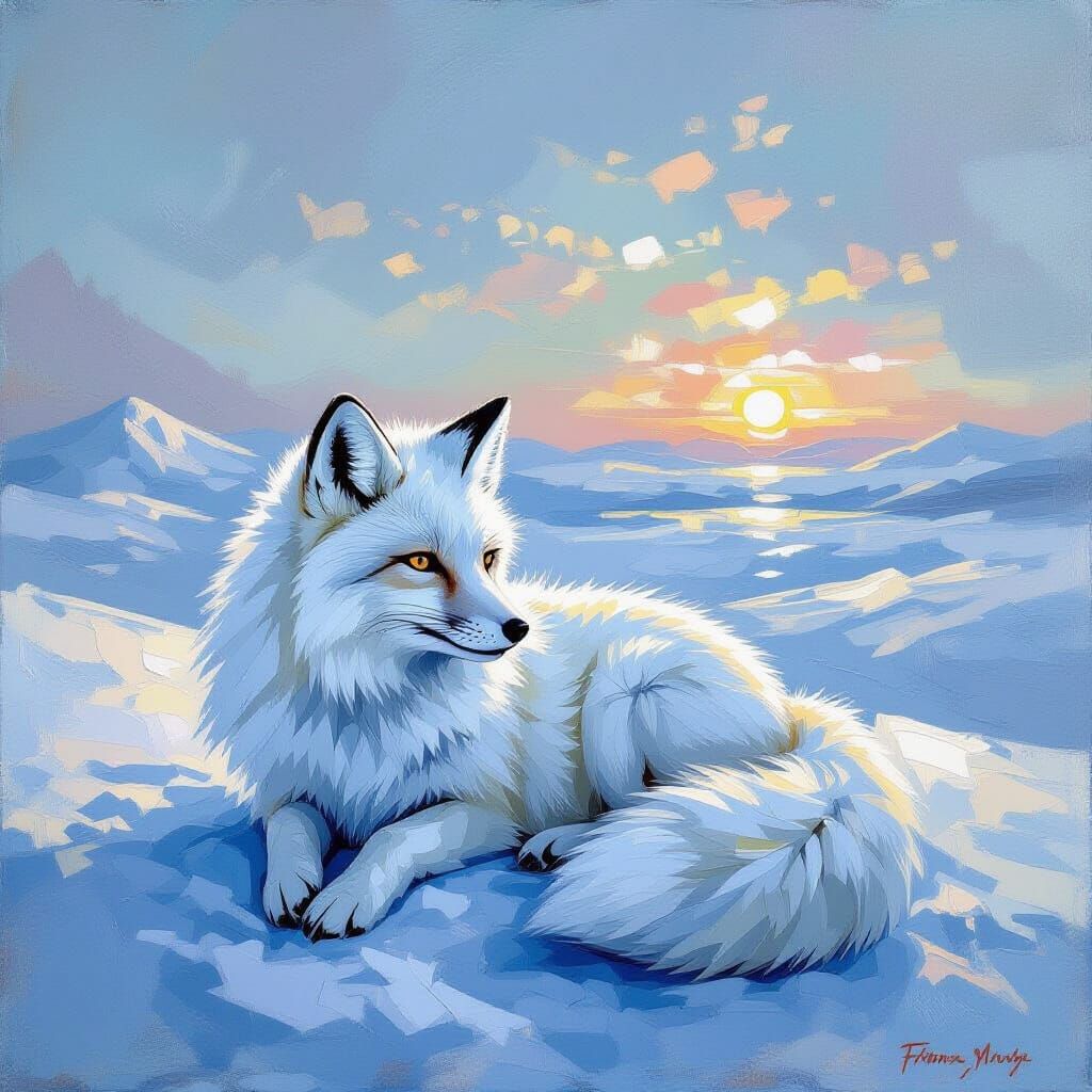 Arctic Fox in Frozen Dawn Impasto Oil Painting