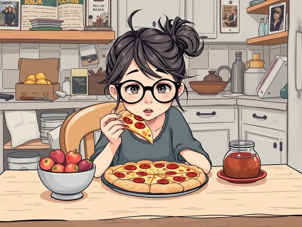 Cozy Kitchen Scene: Girl Eating Pizza Illustration