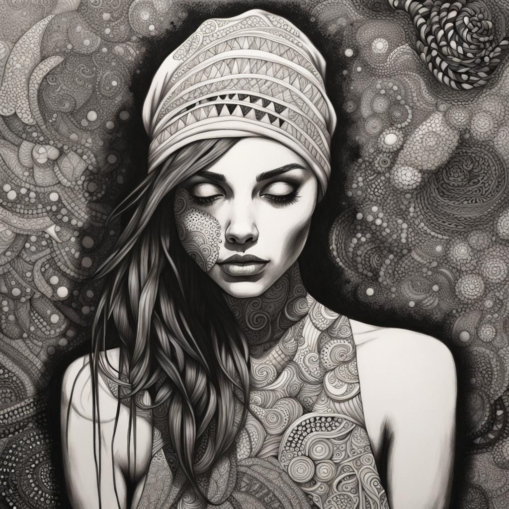 Zentangle Woman with Grunge and Oil Splash