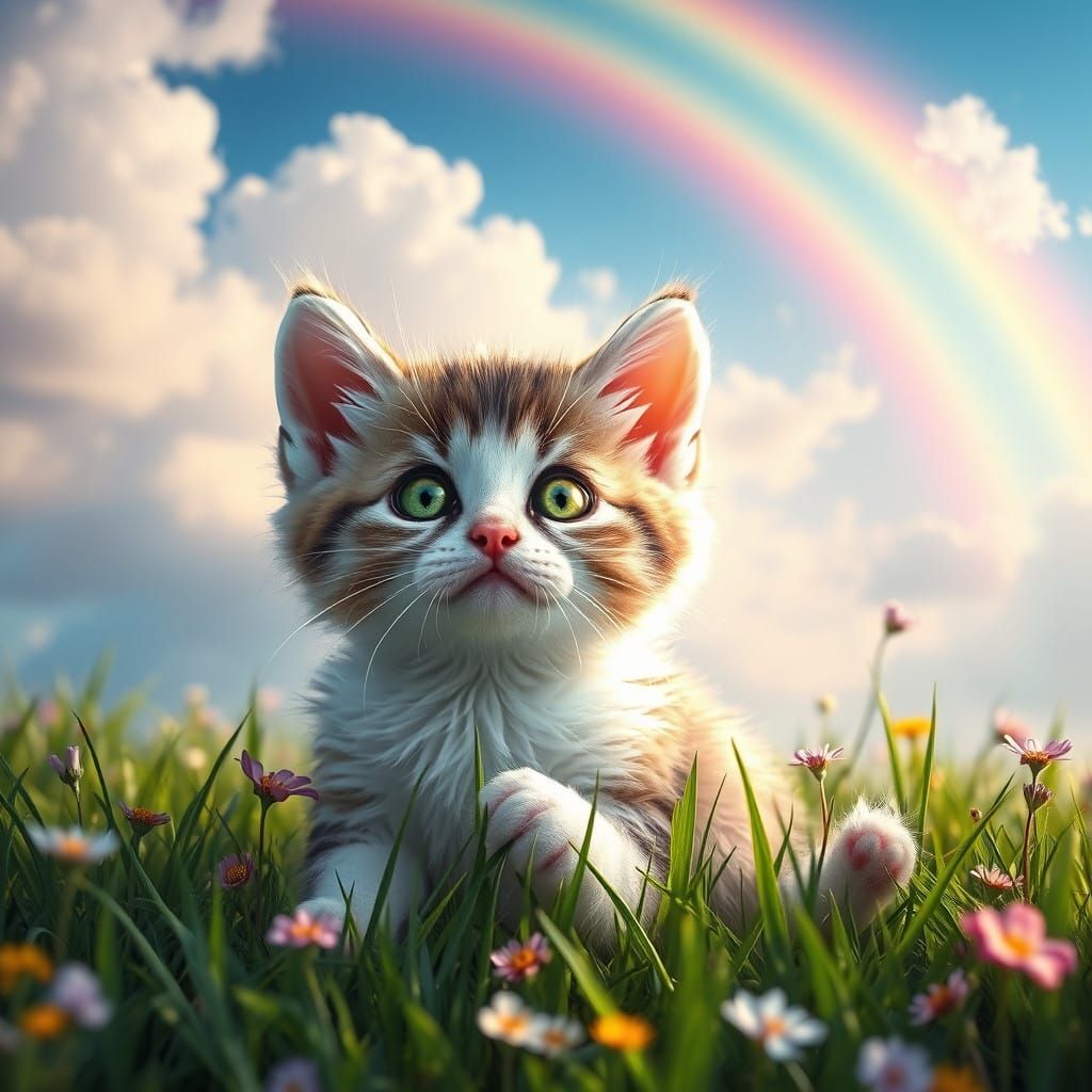 Fantasy Kitten Amidst Vibrant Rainbow Landscape