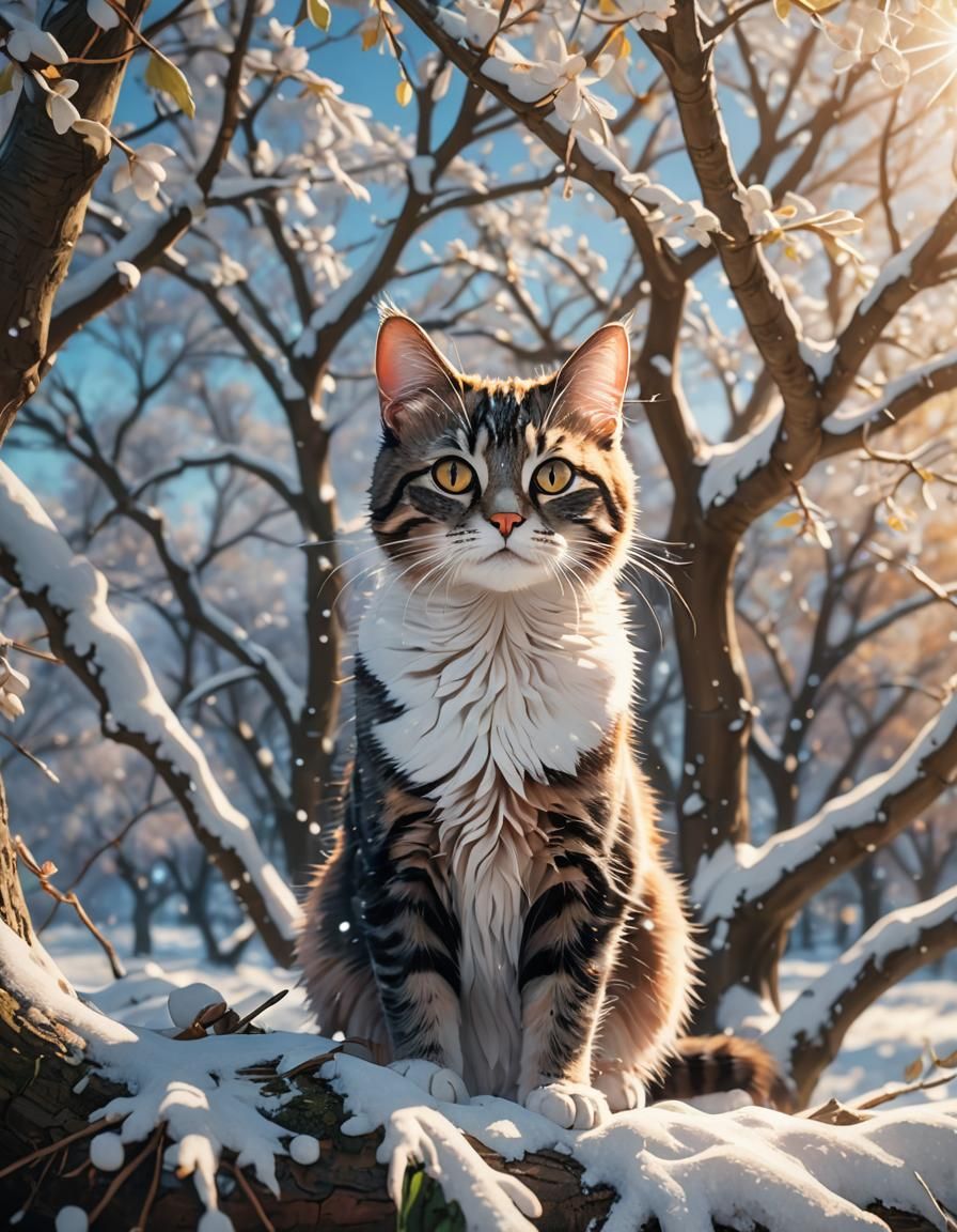 Winter Wonderland Cat Hides in Soft Focus Anime Style