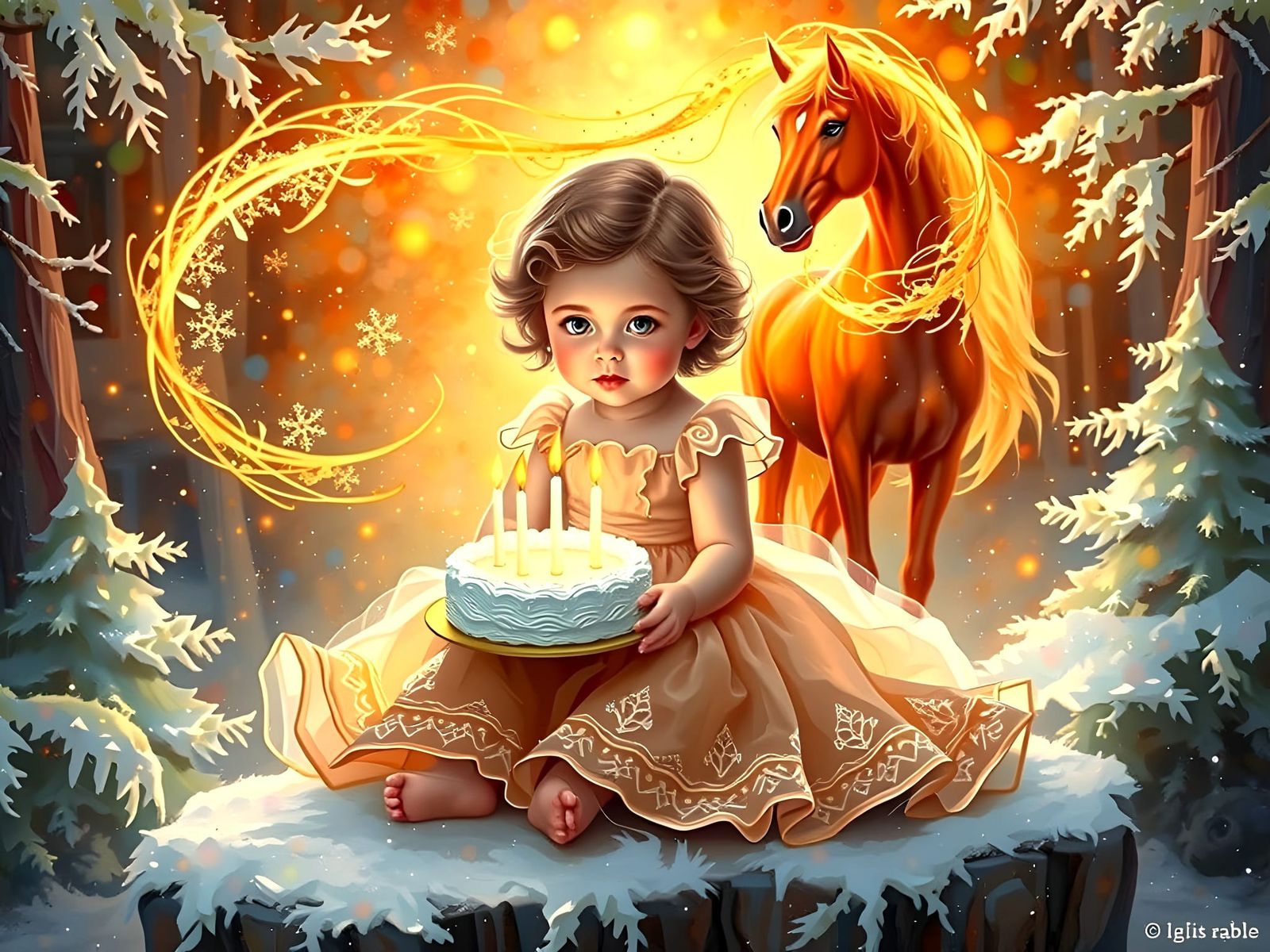 Baby in Peach Dress with Fiery Horse, Palekh Style