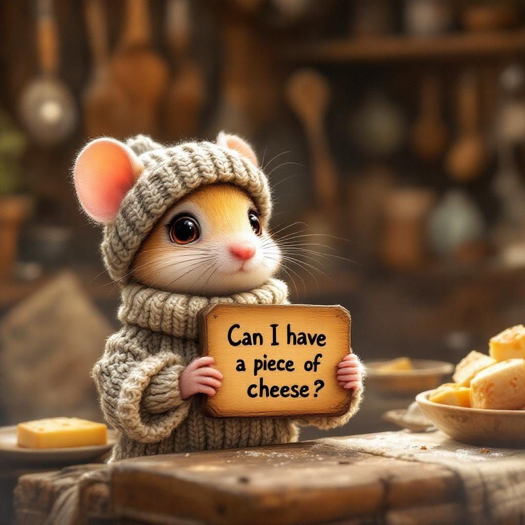 Mouse Asks for Cheese in Cozy Kitchen